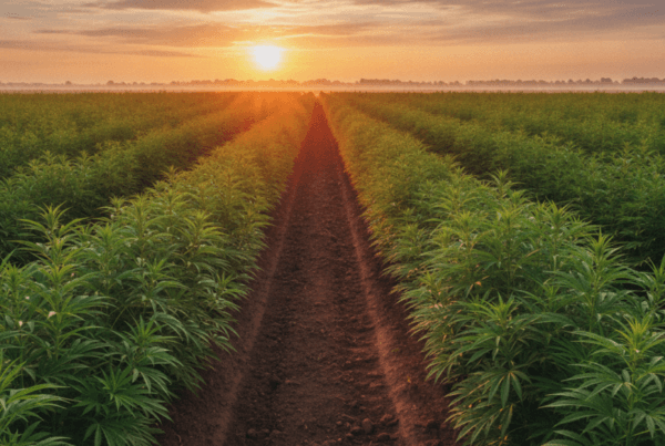 Wide shot of a hemp farm at golden hour with rows of tall hemp plants