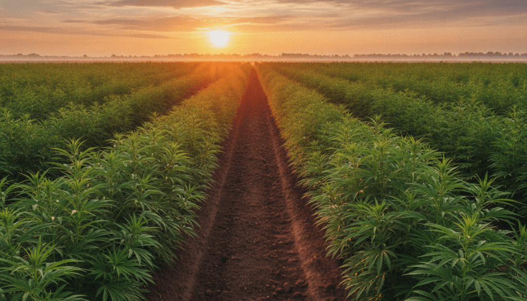 Wide shot of a hemp farm at golden hour with rows of tall hemp plants