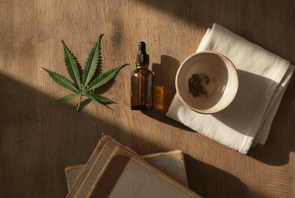 CBD oil bottle with hemp leaf on wooden desk in soft morning light for beginner CBD guide