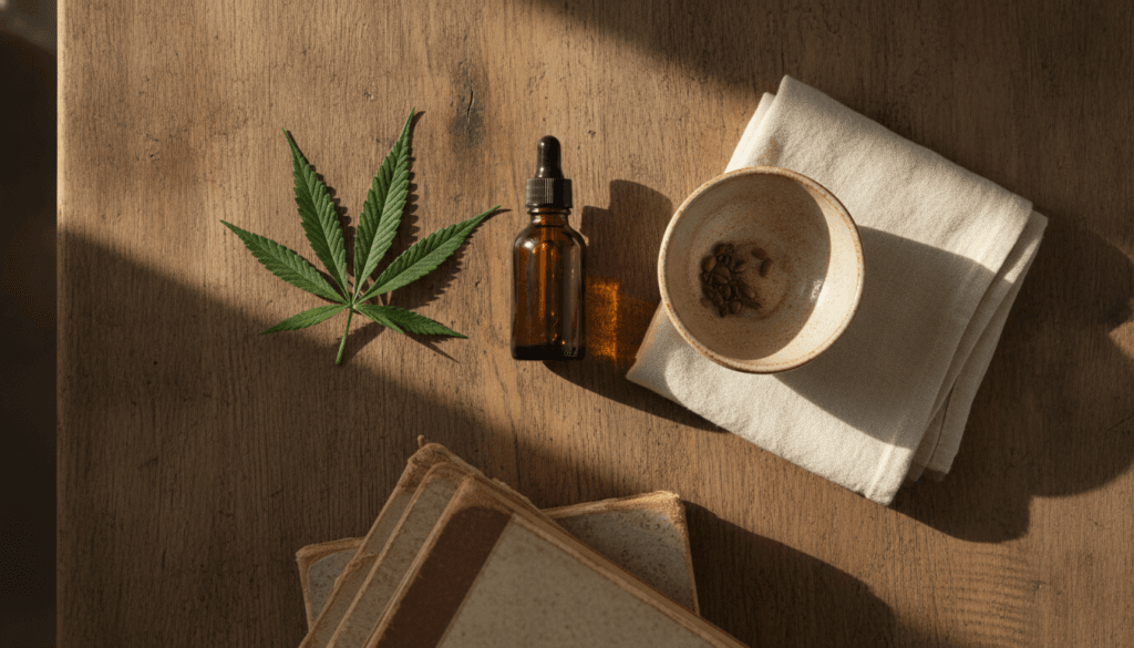 CBD oil bottle with hemp leaf on wooden desk in soft morning light for beginner CBD guide