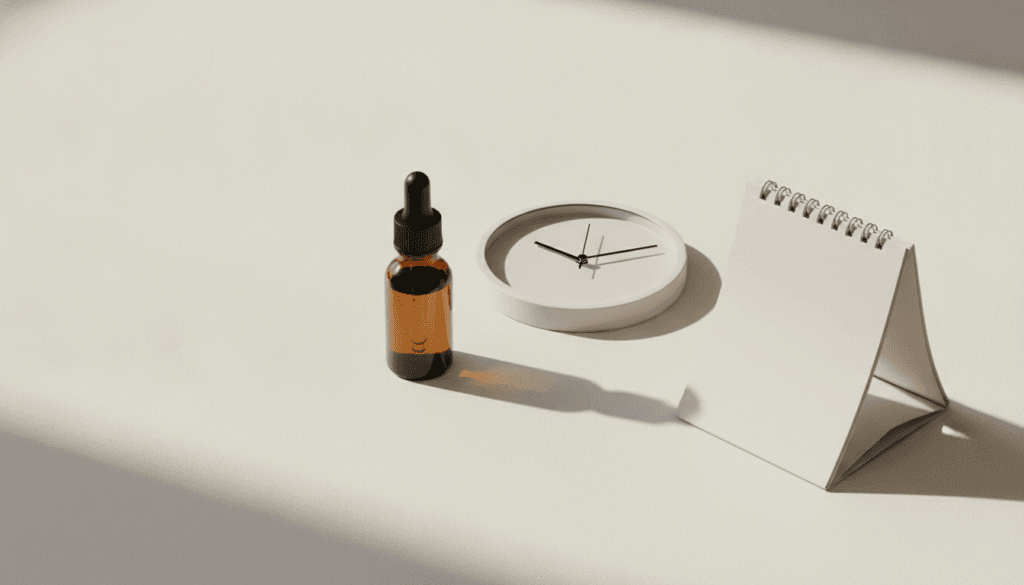 Calendar and clock next to a CBD dropper bottle representing CBD detection time in the body
