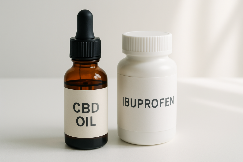 CBD oil and ibuprofen tablets shown together representing interaction guide