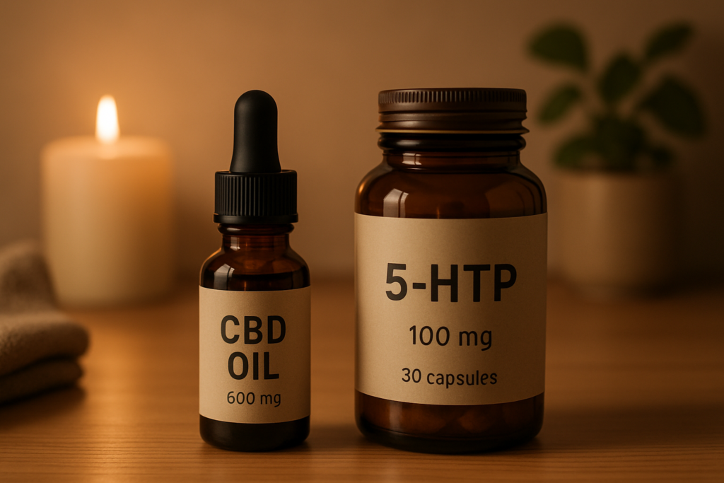 CBD oil bottle beside 5-HTP supplement capsules for mood and sleep comparison