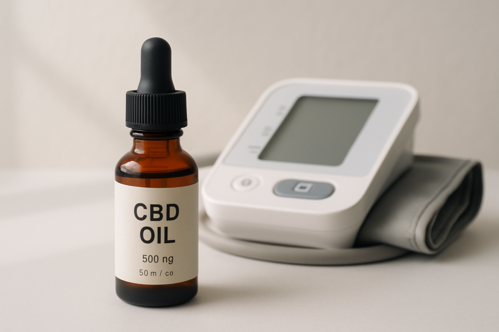 CBD oil bottle with blood pressure monitor representing medication interaction guide