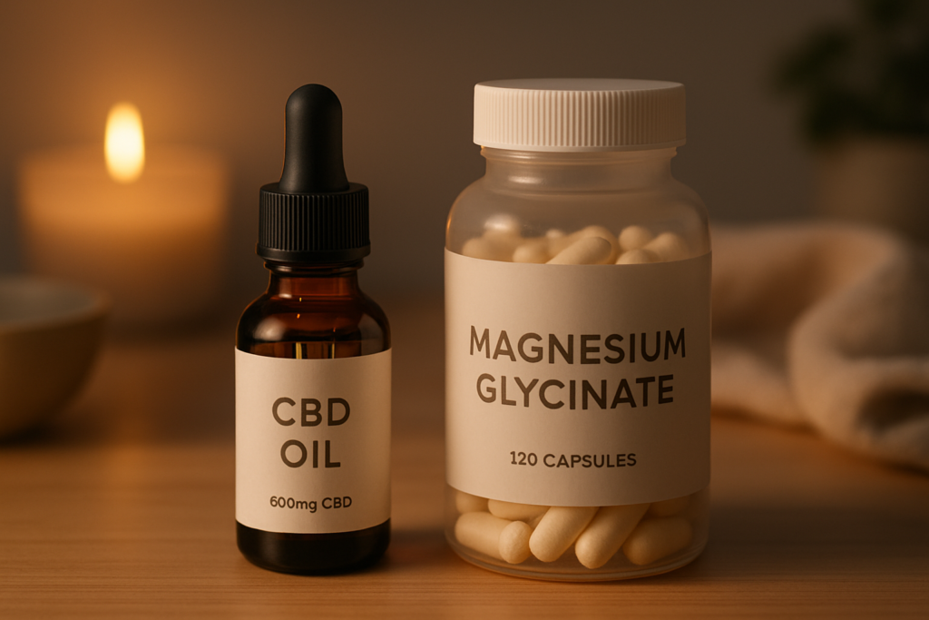 CBD oil bottle beside magnesium supplement capsules for anxiety and sleep comparison
