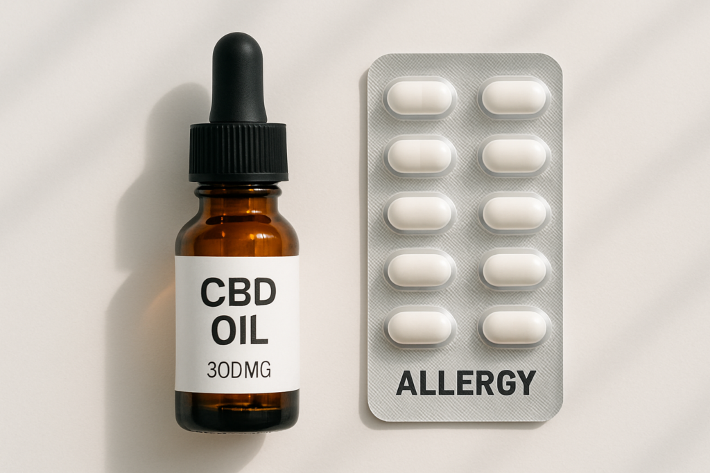 CBD oil bottle beside allergy antihistamine tablets
