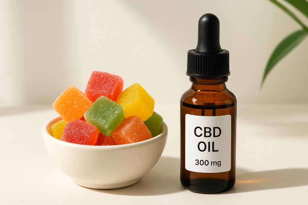 CBD gummies beside CBD oil dropper bottle comparison