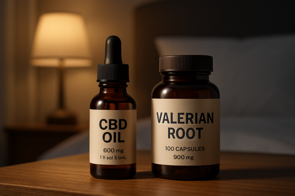 CBD oil bottle beside valerian root supplement for sleep comparison