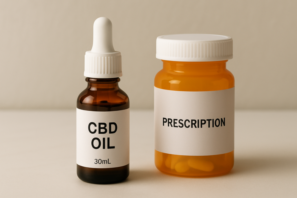 CBD oil bottle beside SSRI antidepressant medication bottle