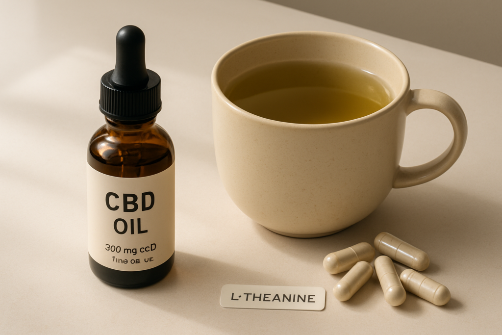 CBD oil bottle beside green tea representing L-theanine comparison