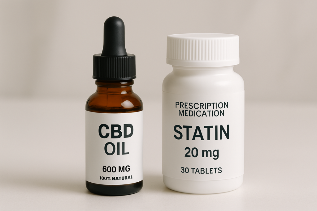 CBD oil bottle beside statin medication bottle