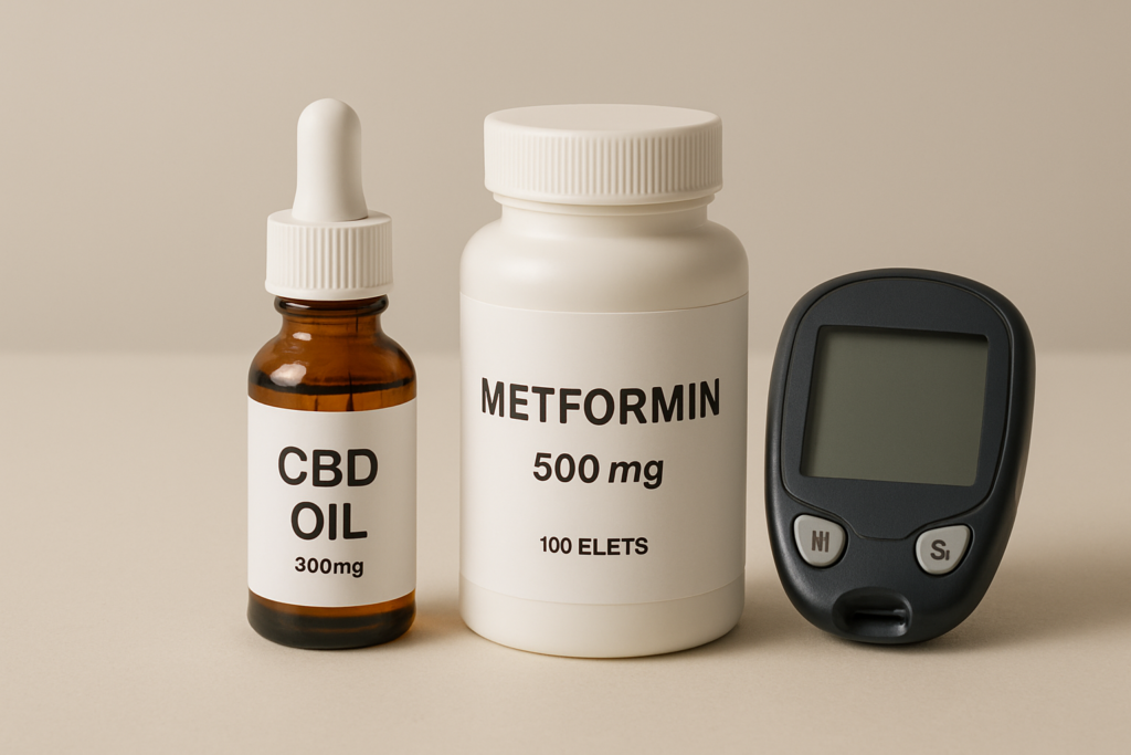 CBD oil bottle beside metformin diabetes medication