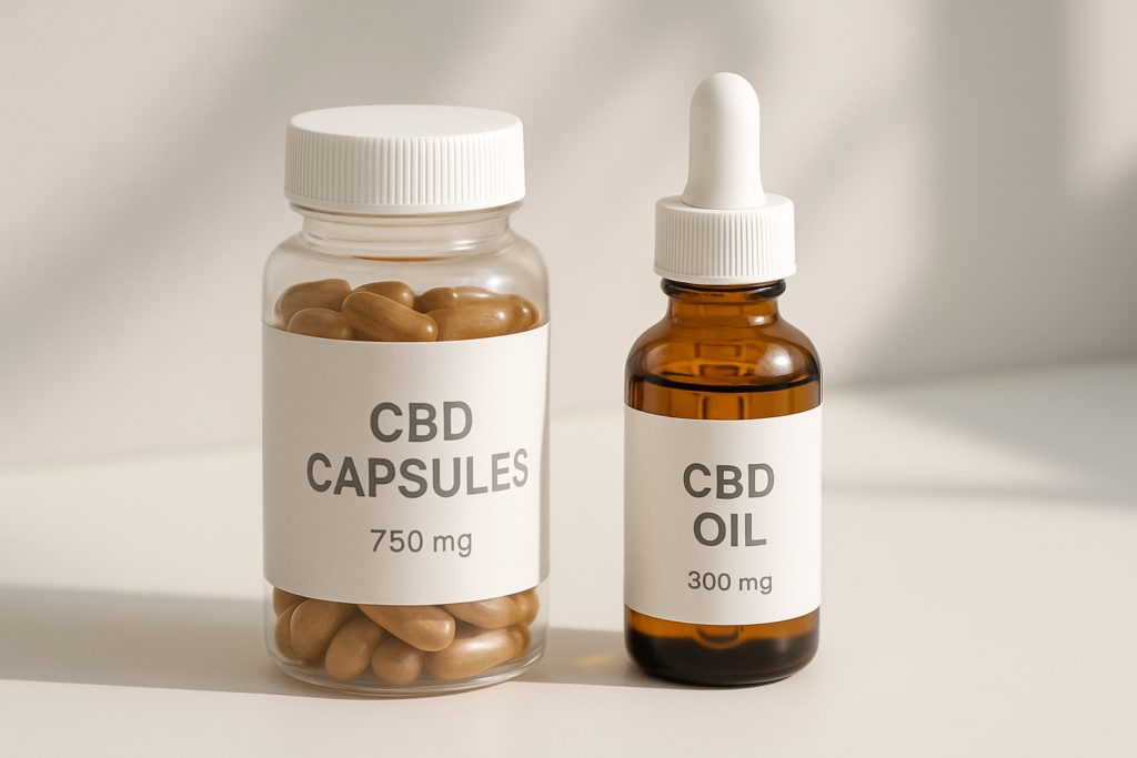 CBD capsules beside CBD tincture oil bottle comparison