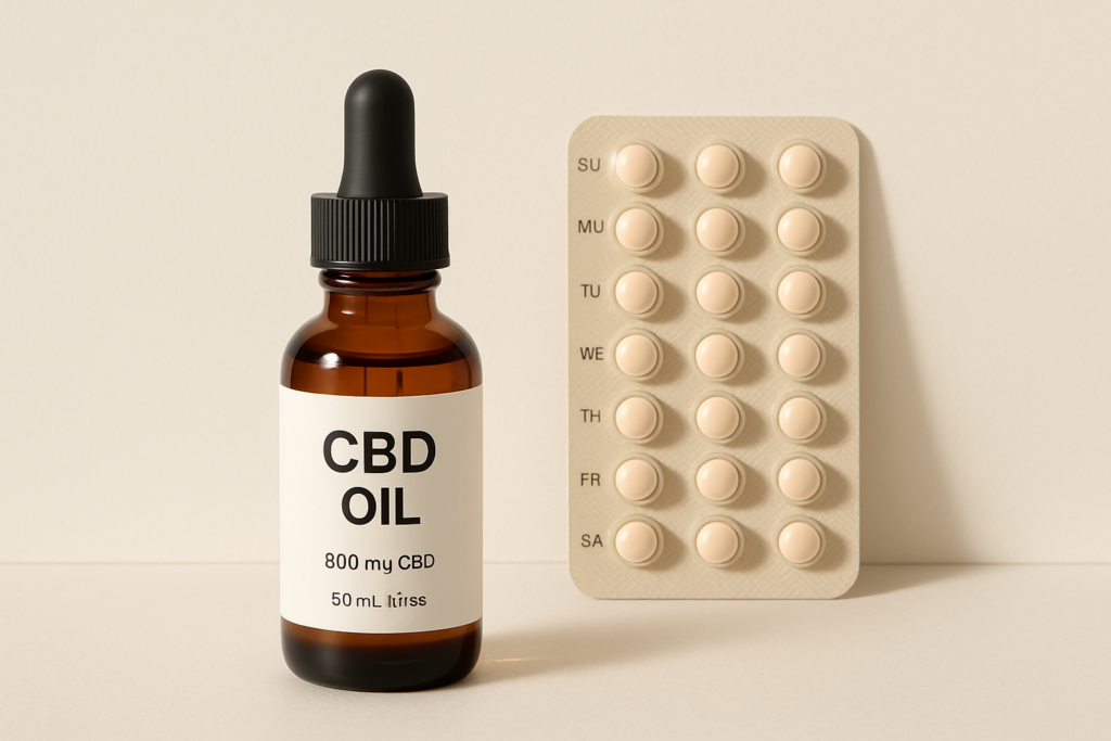 CBD oil bottle beside birth control pill pack