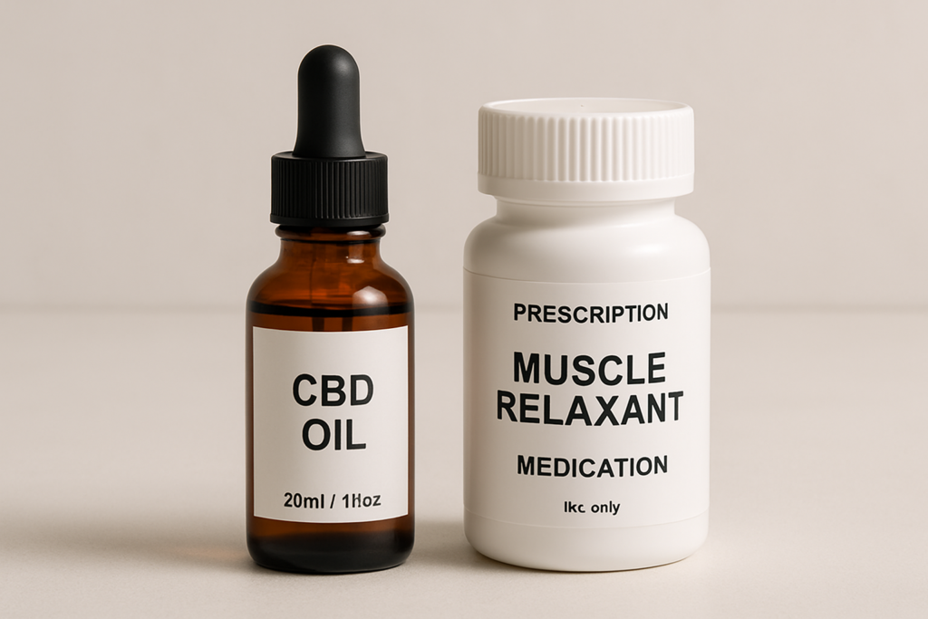 CBD oil bottle beside muscle relaxant medication
