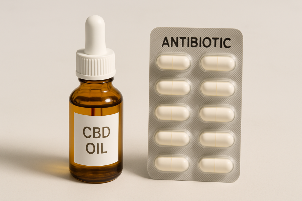 CBD oil bottle beside antibiotic medication pack