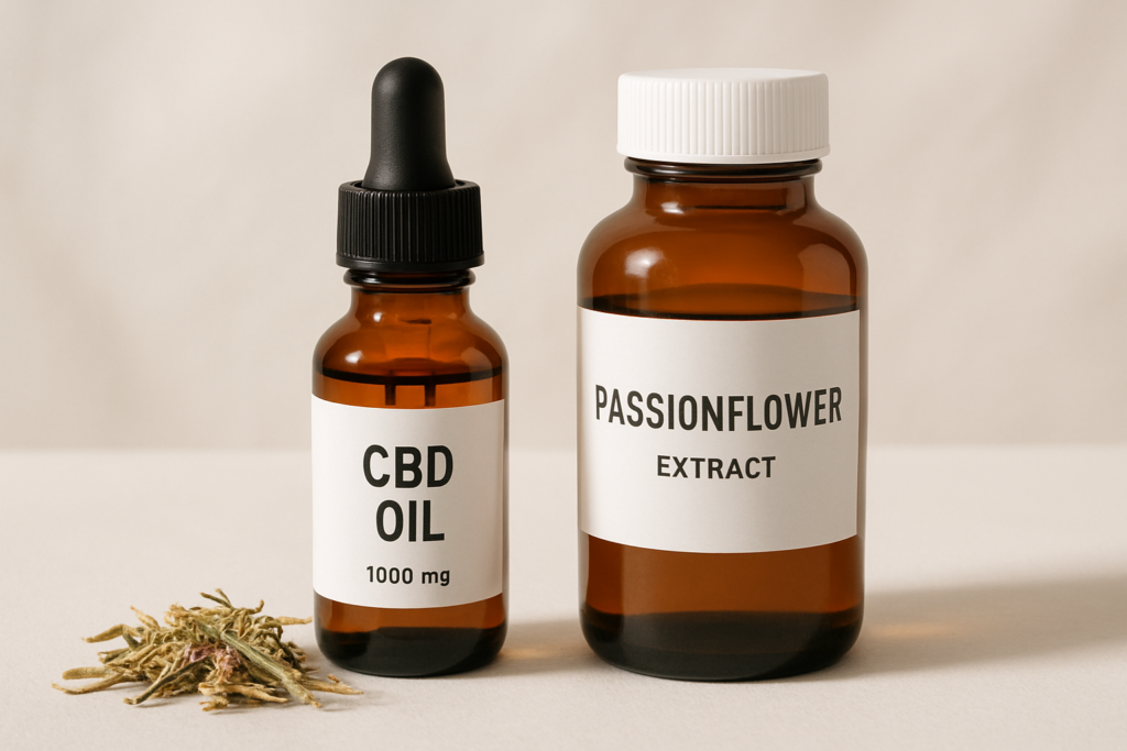 CBD oil bottle beside passionflower extract for anxiety comparison