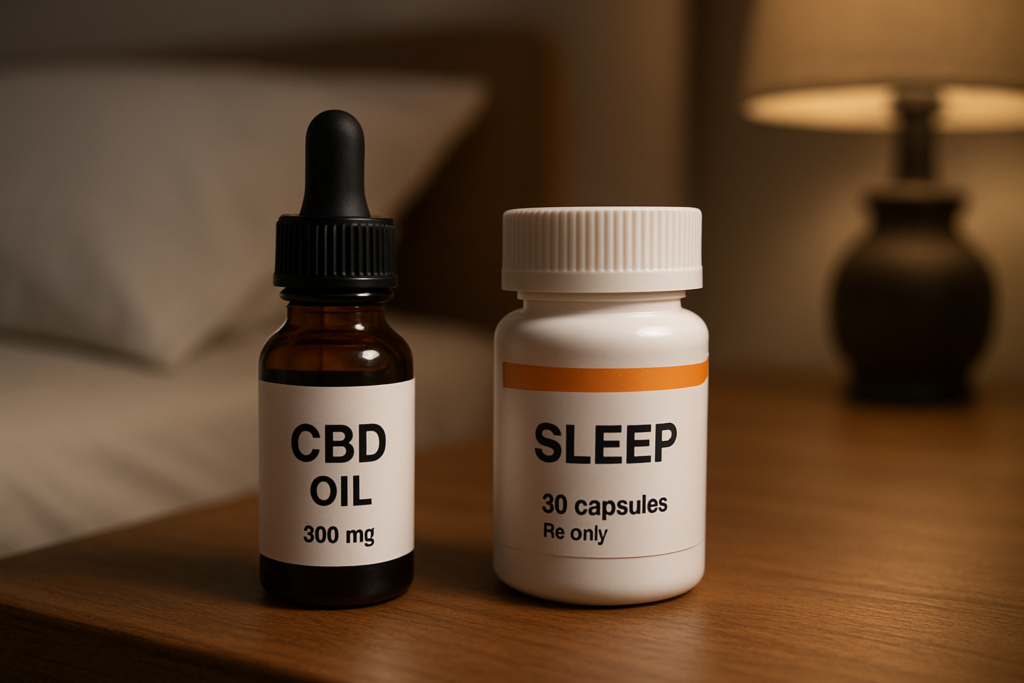 CBD oil bottle beside prescription sleep medication bottle