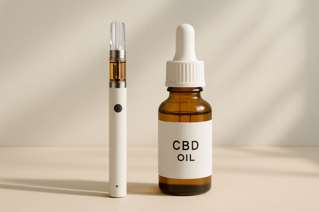 CBD vape pen beside CBD oil dropper bottle comparison