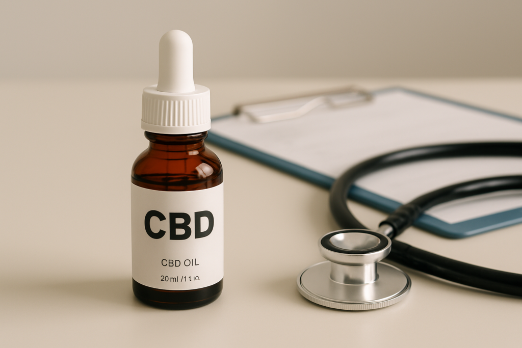 CBD oil bottle in clinical consultation setting representing oncology guidance