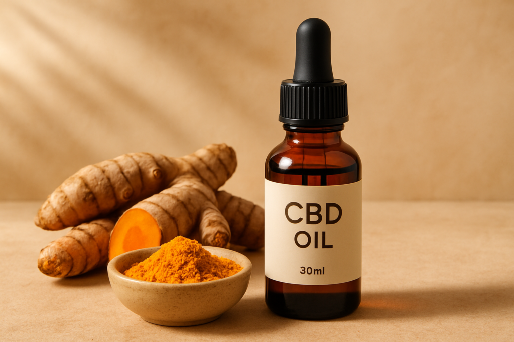 CBD oil bottle beside turmeric root and powder for inflammation comparison