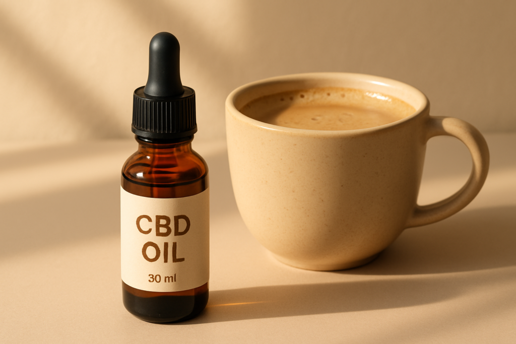 CBD oil bottle beside cup of coffee representing caffeine comparison
