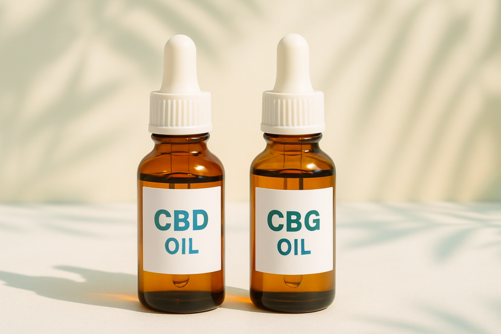 CBD oil bottle beside CBG oil bottle for focus and energy comparison