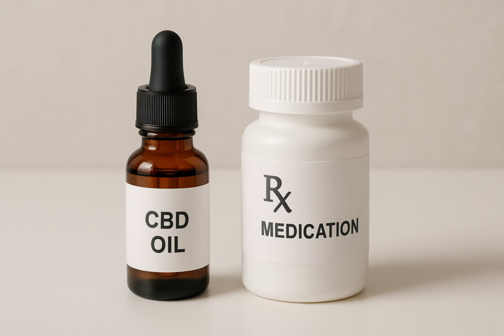 CBD oil bottle beside anti-seizure medication bottle