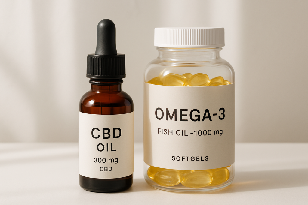 CBD oil bottle beside fish oil omega-3 supplement capsules