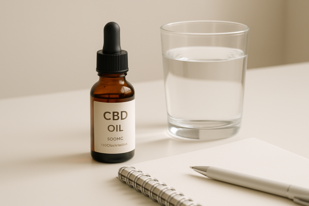 CBD oil bottle in a calm medical consultation setting representing alcohol withdrawal guidance