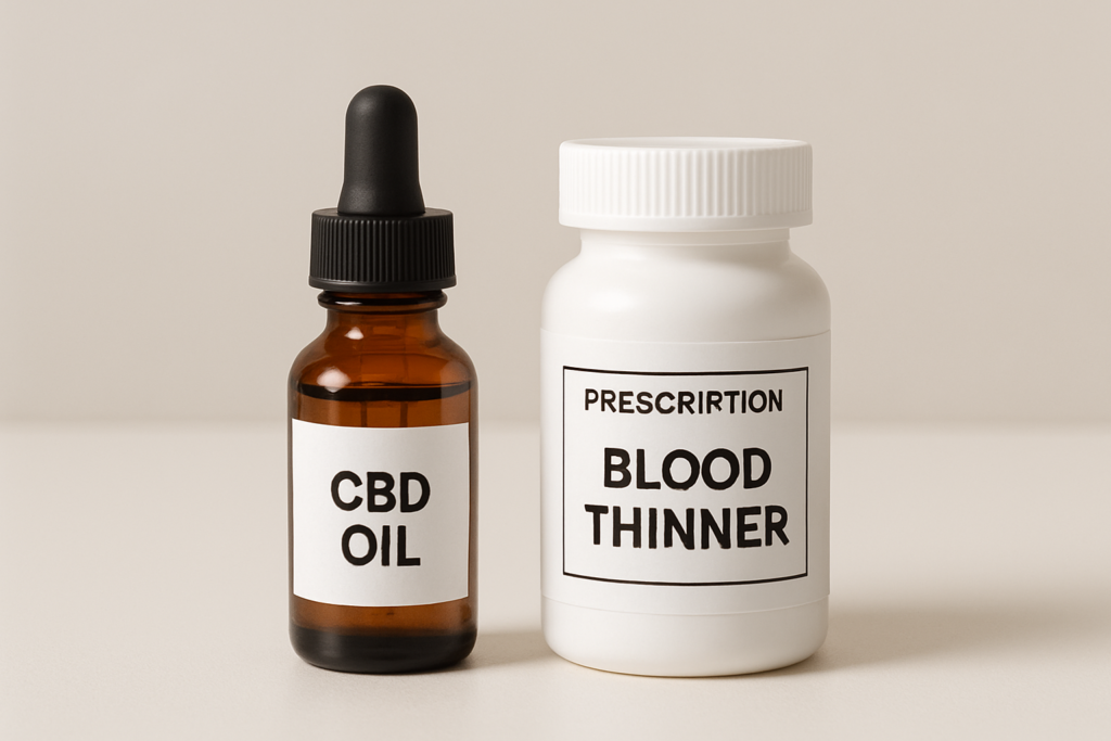 CBD oil bottle beside warfarin medication bottle