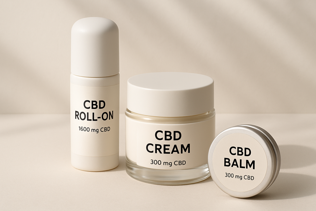 CBD roll-on, cream, and balm topical products side by side