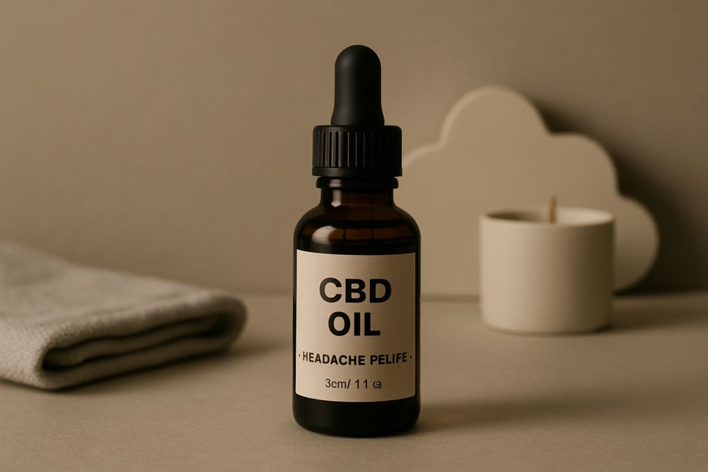 CBD oil bottle beside a person holding their temples representing migraine relief