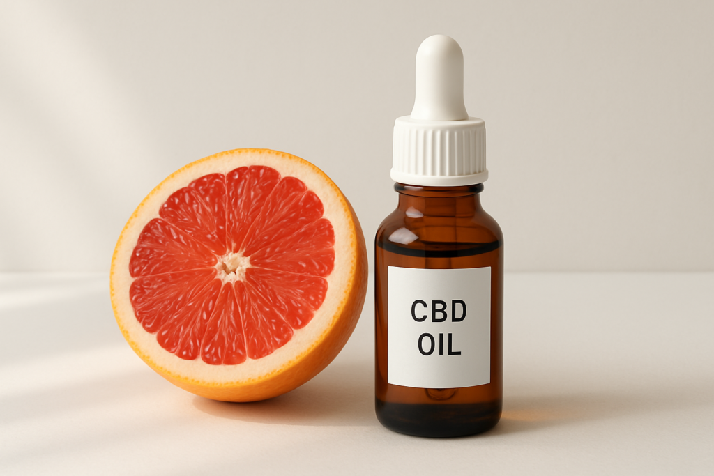 CBD oil bottle beside a grapefruit representing drug interaction comparison