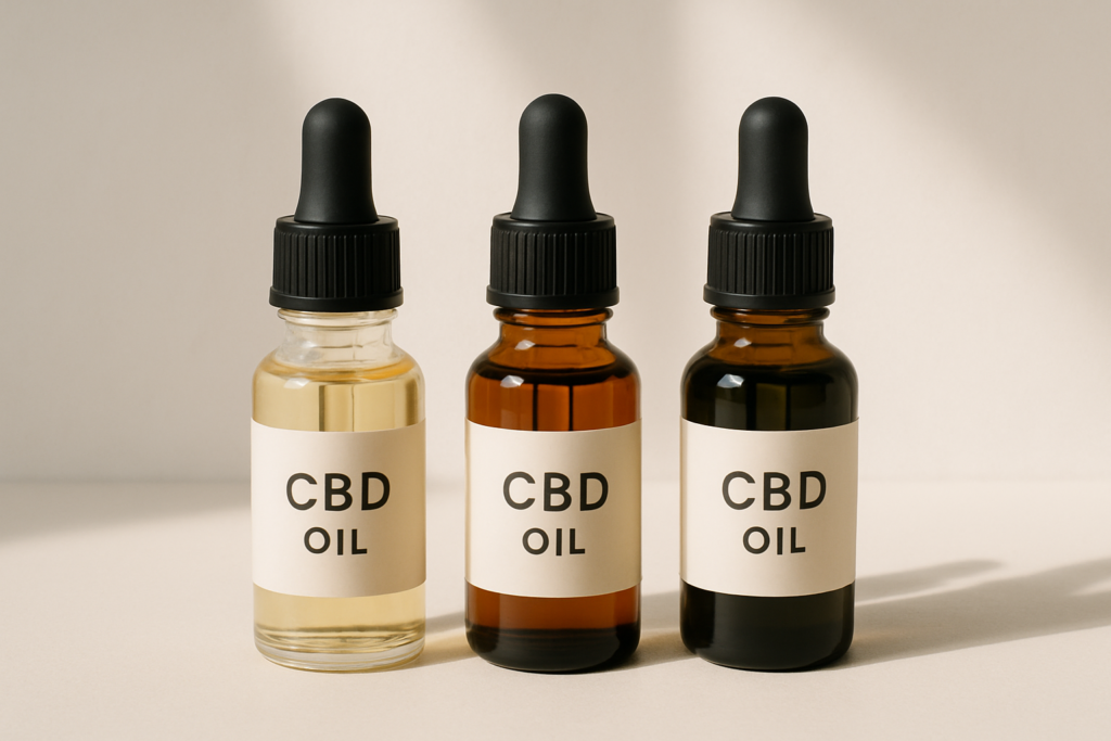 Different colored CBD oil bottles side by side showing color variation