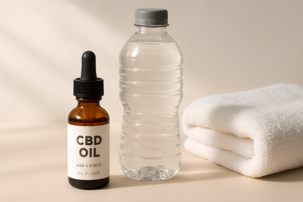 CBD oil bottle beside workout gear representing exercise timing guidance