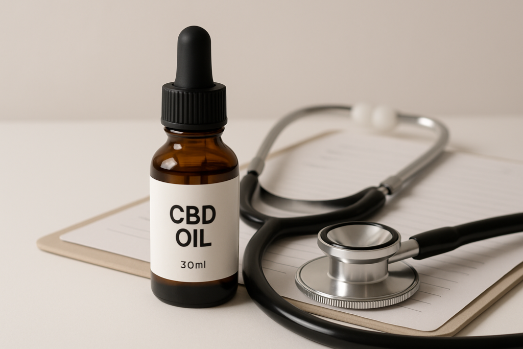 CBD oil bottle in a clinical setting representing kidney health guidance
