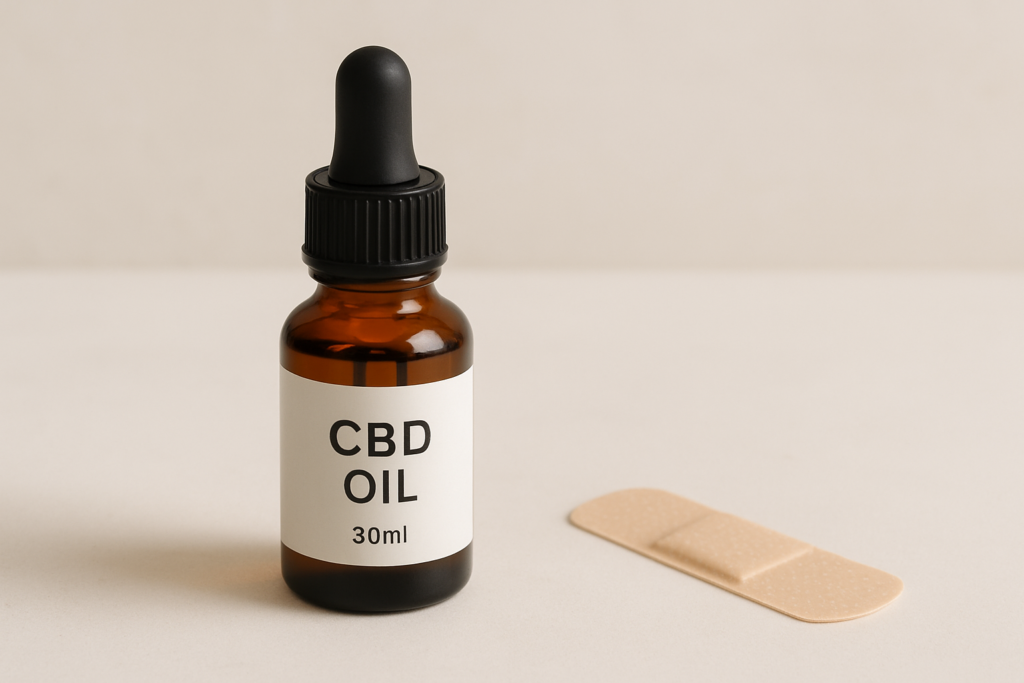 CBD oil bottle beside a bandage representing bruising safety information