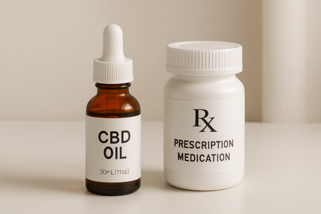 CBD oil bottle beside lithium medication bottle