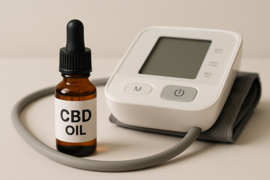 CBD oil bottle beside beta blocker medication and blood pressure monitor