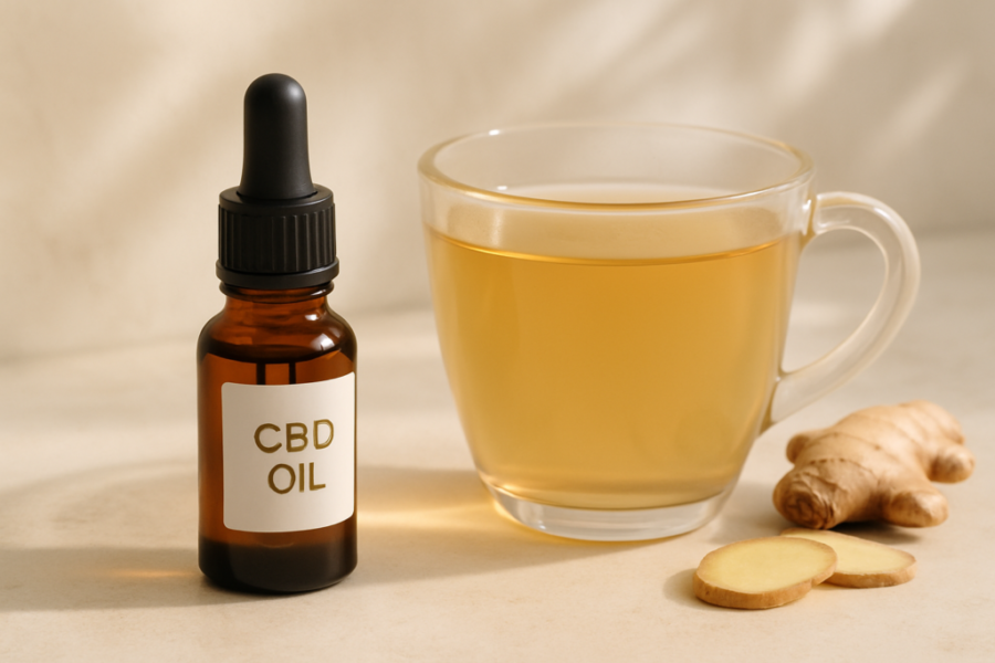 CBD oil bottle in a calm setting representing digestive wellness