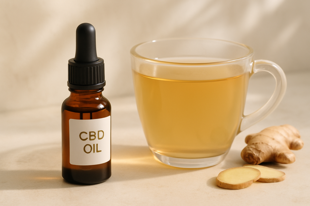 CBD oil bottle in a calm setting representing digestive wellness