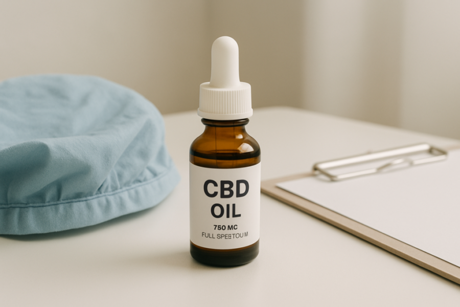 CBD oil bottle beside surgical scrubs representing pre-operative guidance