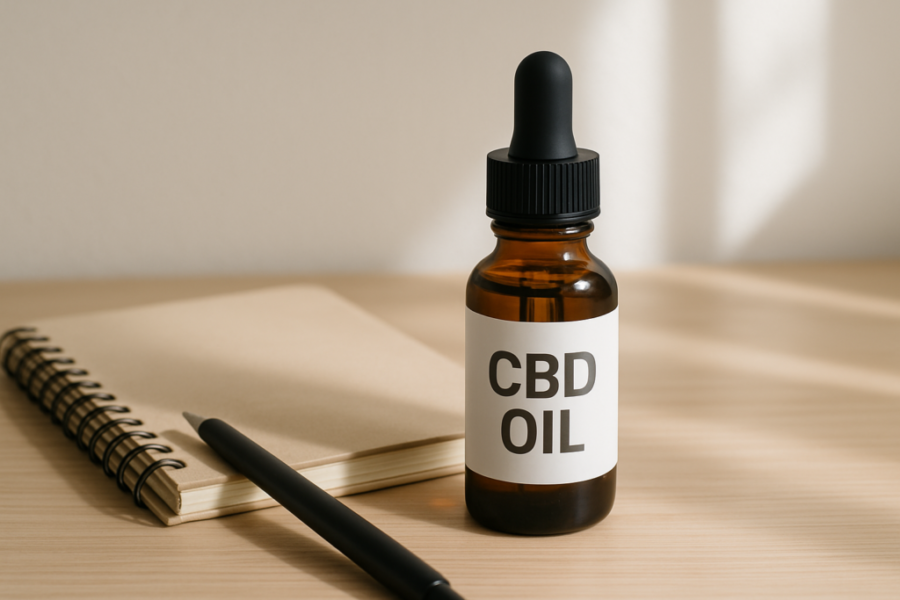 CBD oil bottle beside a tidy desk representing focus and attention