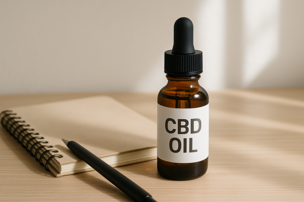 CBD oil bottle beside a tidy desk representing focus and attention