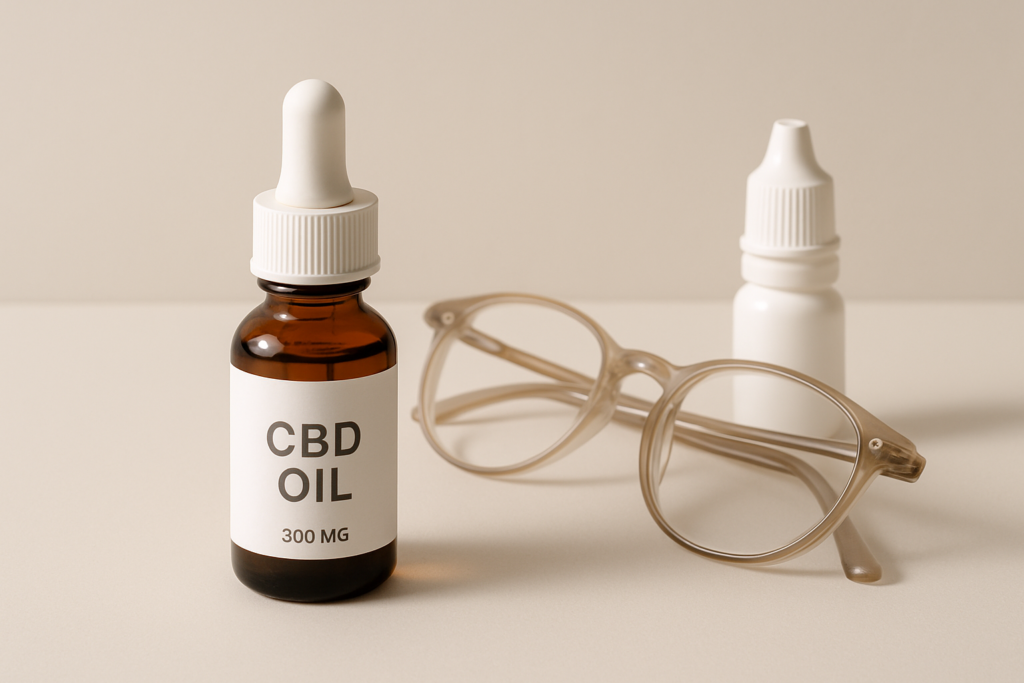 CBD oil bottle beside eye care items representing glaucoma information