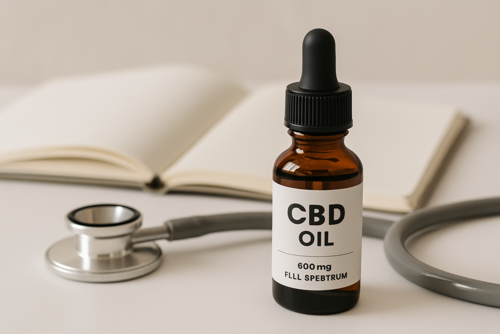 CBD oil bottle beside a doctor consultation setting