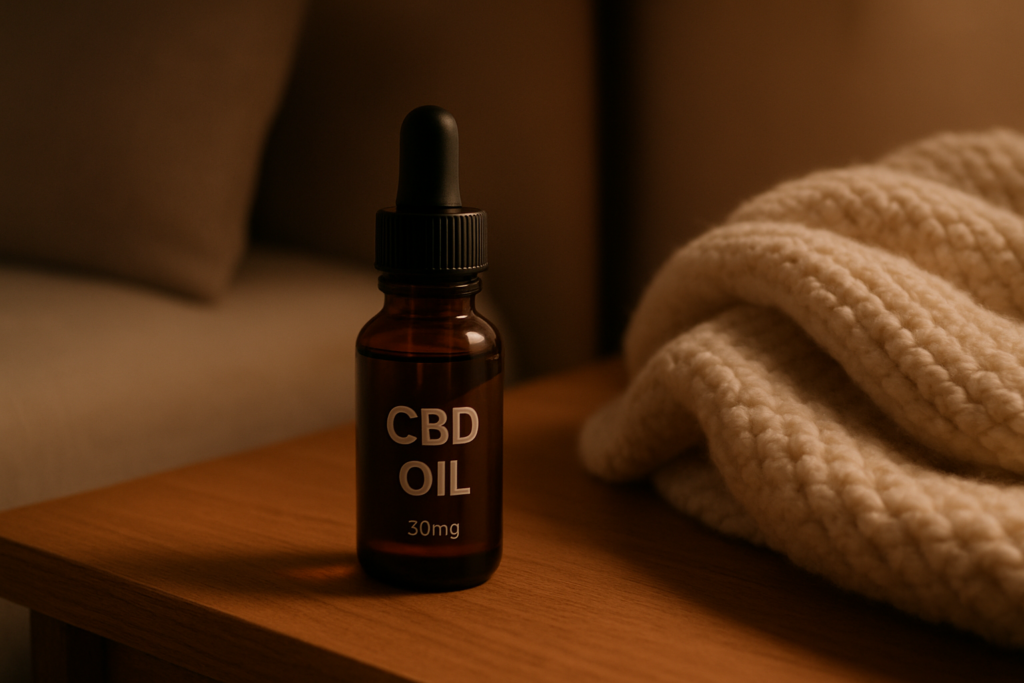 CBD oil bottle beside a comfortable bed setting representing restless leg relief