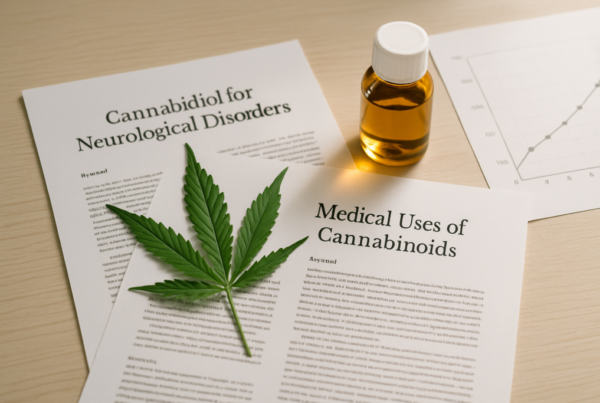 Scientific charts and research papers representing state of hemp research