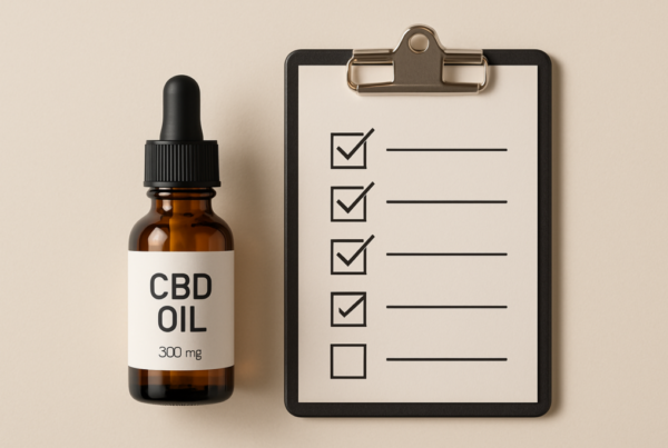 CBD oil bottle beside a checklist representing a drug interaction reference table